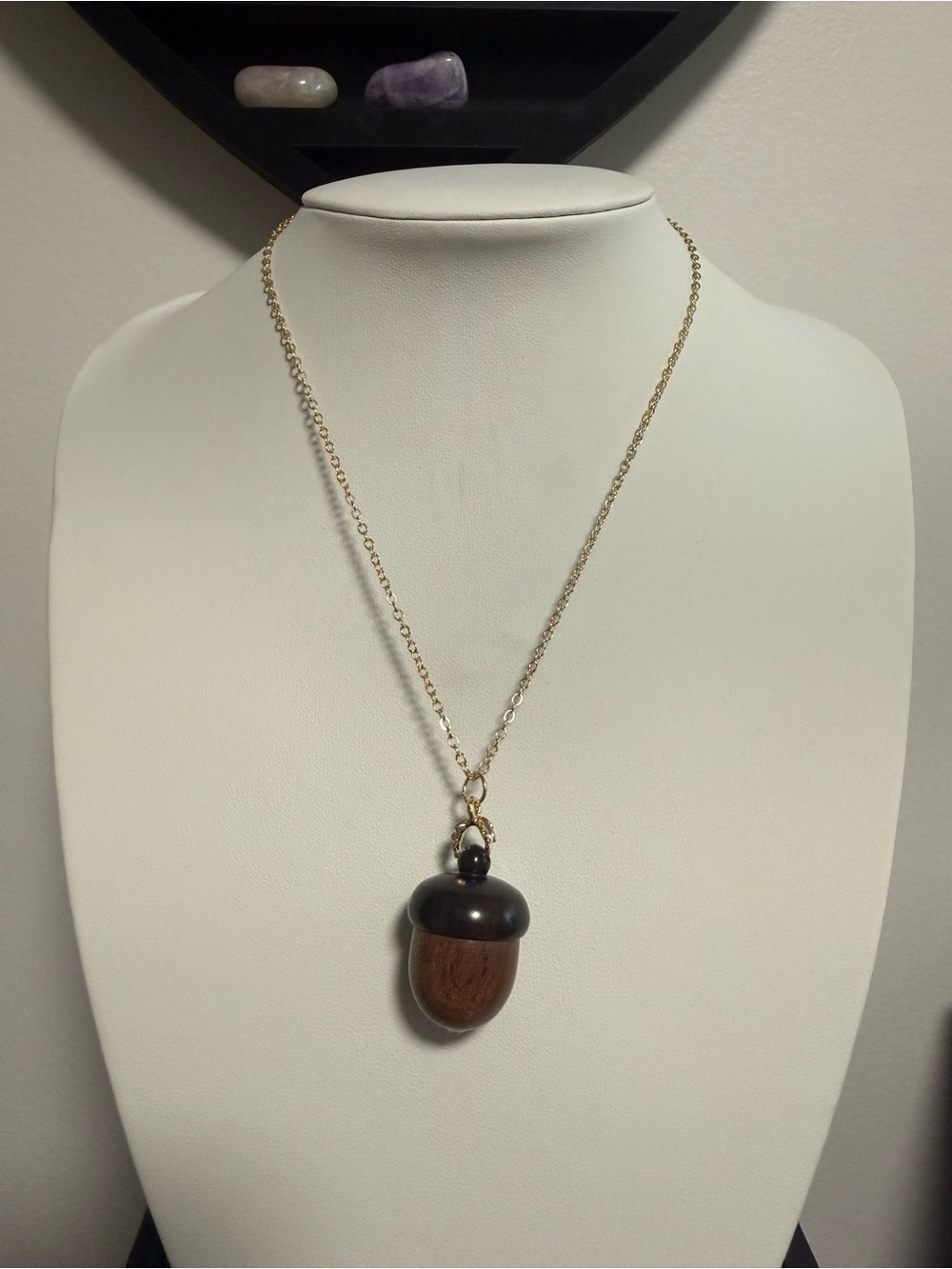 Gold Tone Chain Necklace with Wooden Acorn Pendant